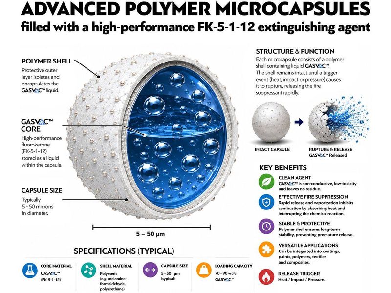 Diagram of a GASVAC microcapsule, cut away to show the polymer shell and the liquid agent inside.